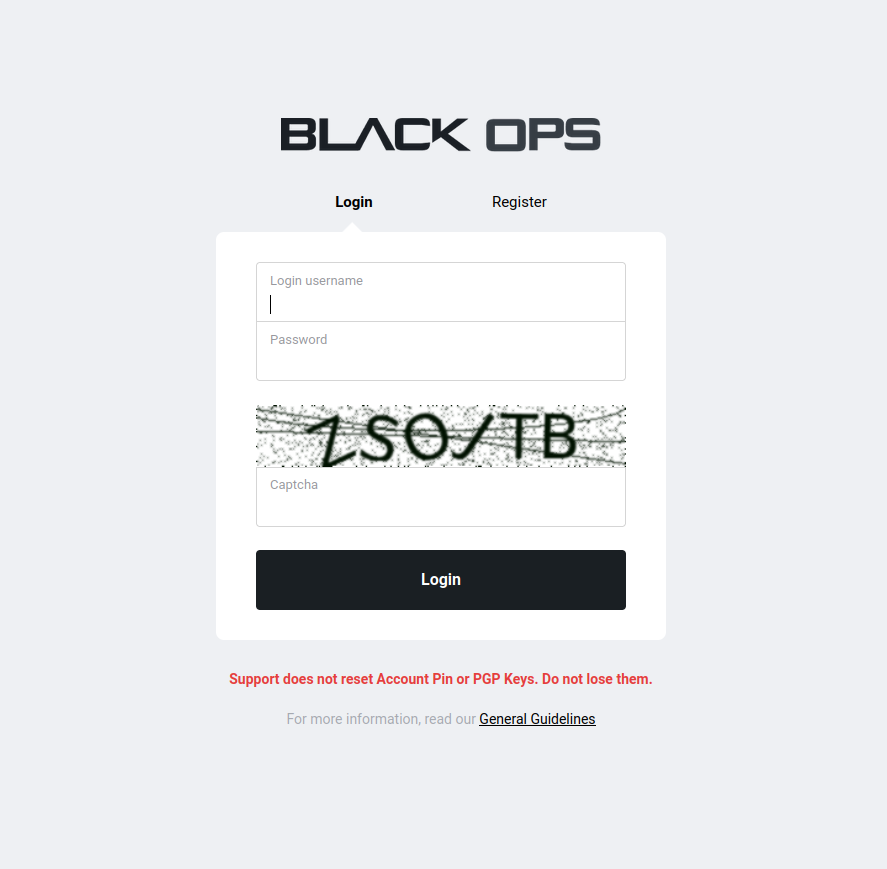 BlackOps Market login page with captcha verification and 2FA input fields